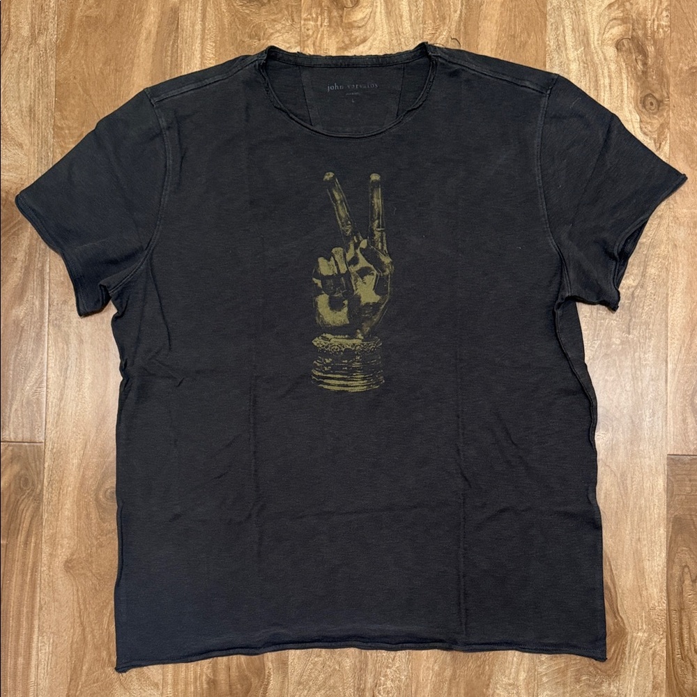 John Varvatos Black Tee with Gold Peace Hand Graphic